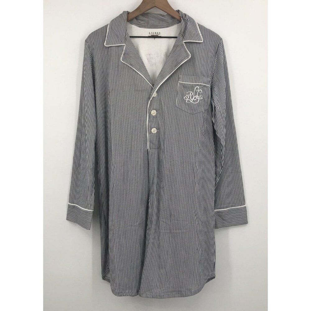 LRL Pajama Shirt Women Large Monogram Logo Stripe Navy White Long Sleeve Pocket